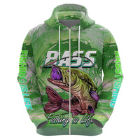 Green pullover hoodie back view with hood and centered bass fish graphic