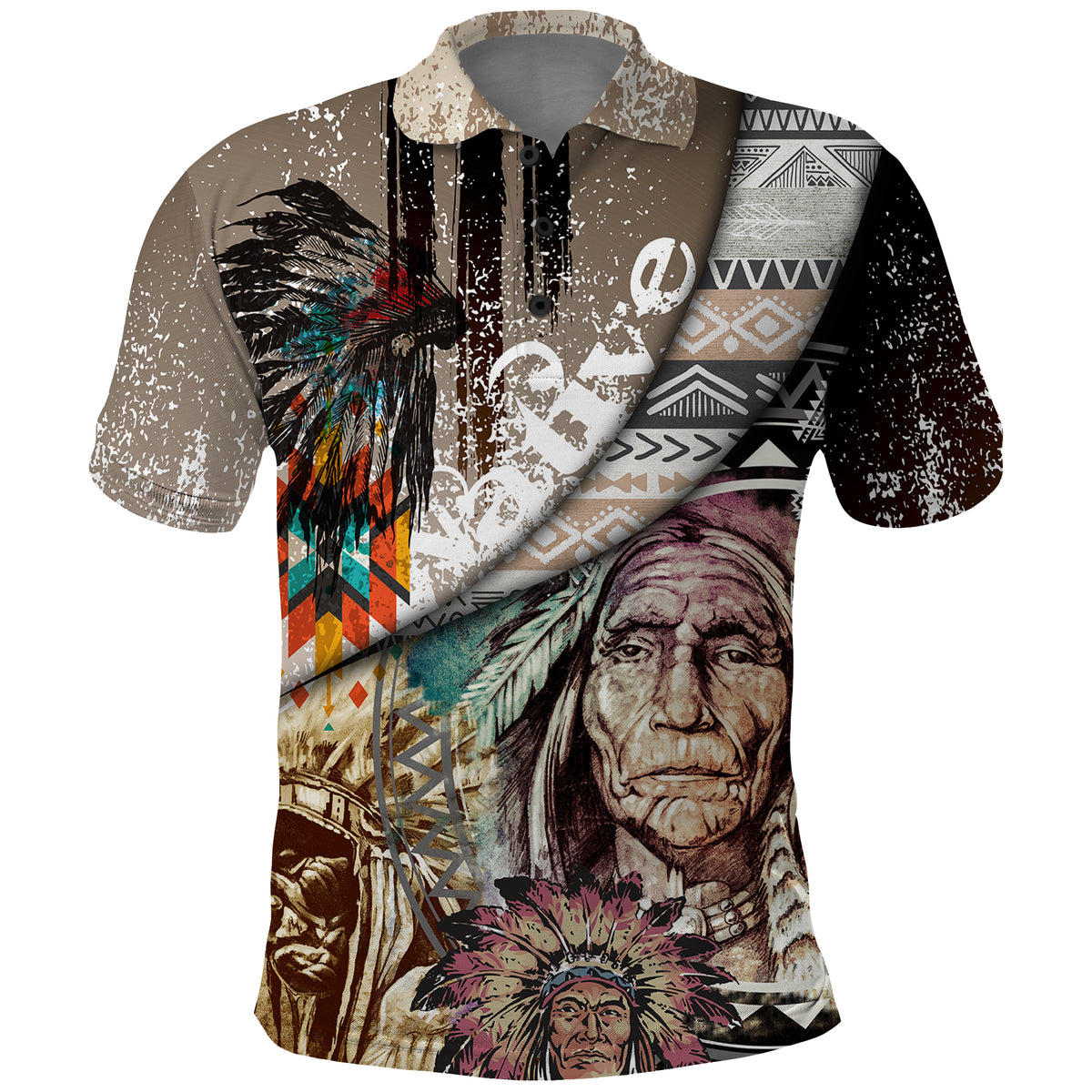 Native American Feather Headdress Portrait Of American Indian Colorful Distress Beton Texture Polo Shirt - Wonder Print Shop