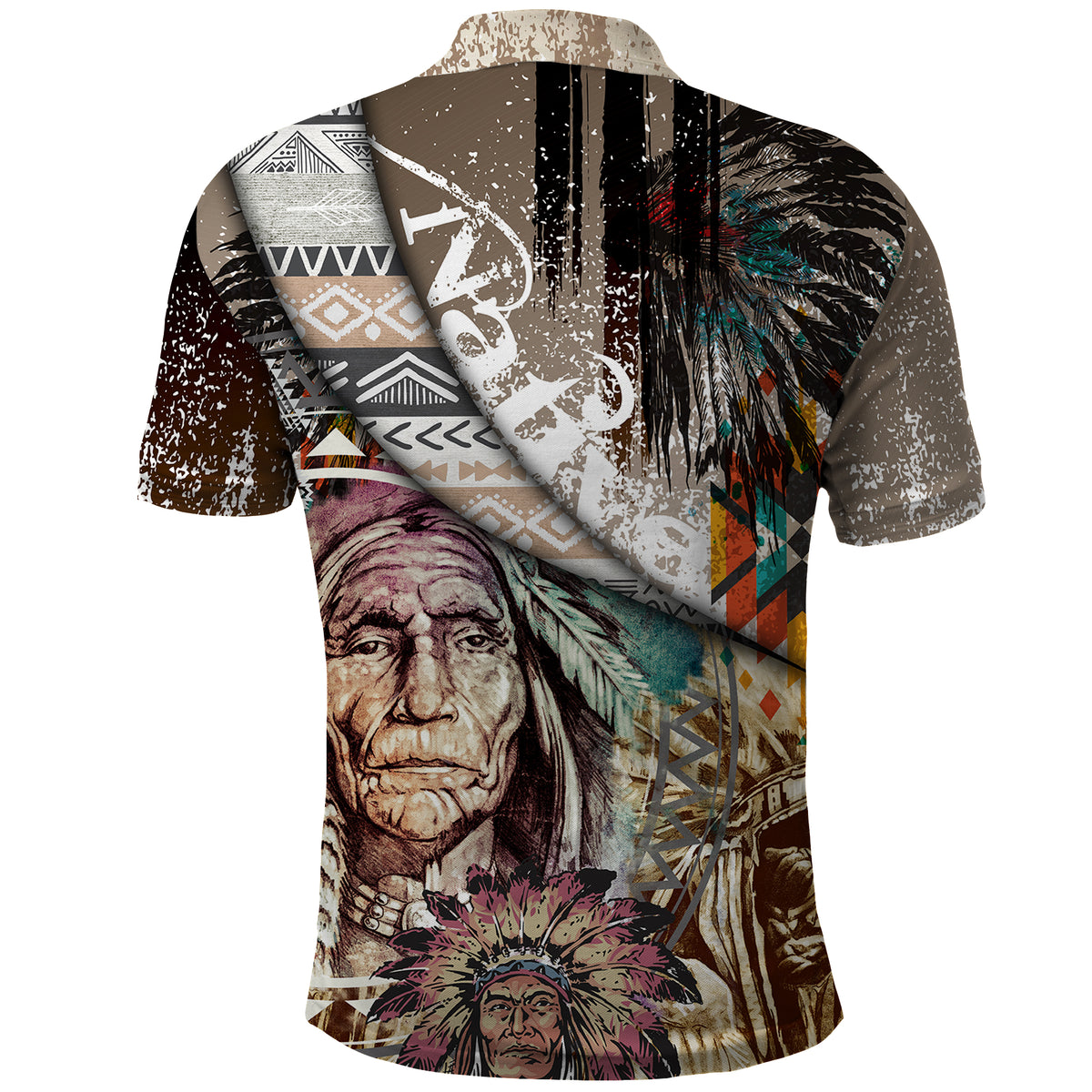 Native American Feather Headdress Portrait Of American Indian Colorful Distress Beton Texture Polo Shirt - Wonder Print Shop