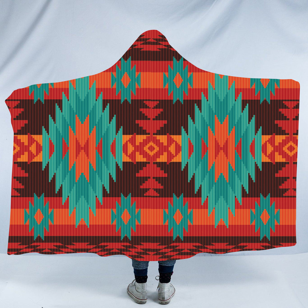 native-american-red-geometric-pattern-hooded-blanket