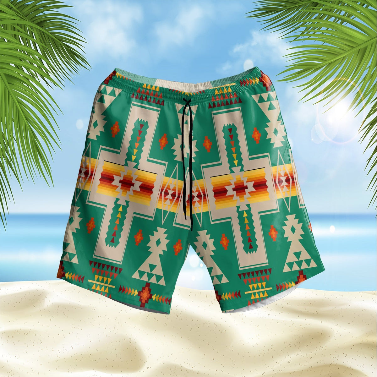 native-american-green-design-hawaiian-shorts