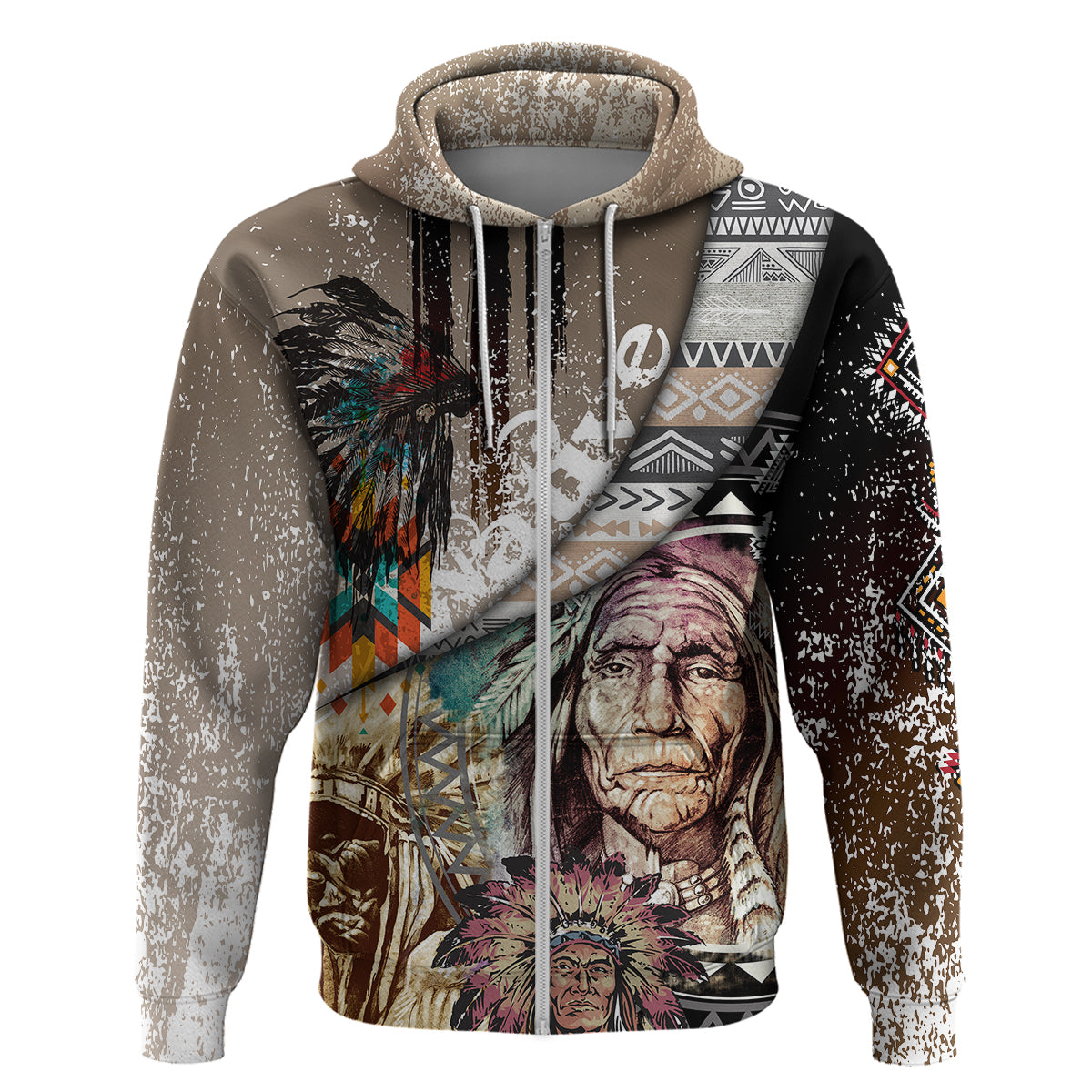 Native American Feather Headdress Portrait Of American Indian Colorful Distress Beton Texture Hoodie - Wonder Print Shop