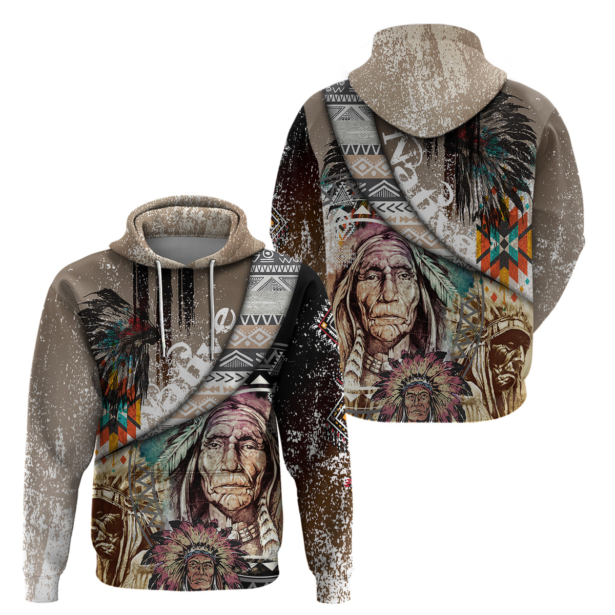 Native American Feather Headdress Portrait Of American Indian Colorful Distress Beton Texture Hoodie - Wonder Print Shop