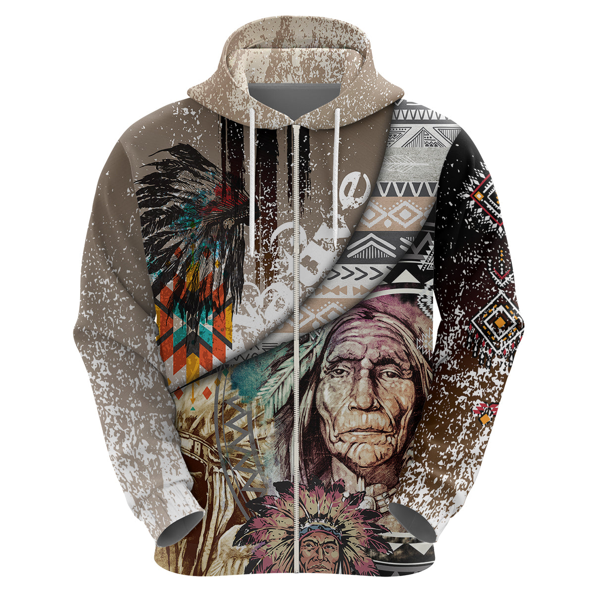 Native American Feather Headdress Portrait Of American Indian Colorful Distress Beton Texture Hoodie - Wonder Print Shop