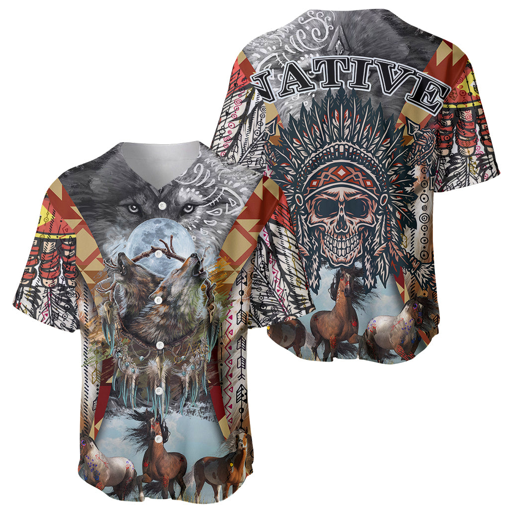Native American Feather Headdress With Native Horses And Three Wolves In Moonlight African Pattern Baseball Jersey - Wonder Print Shop