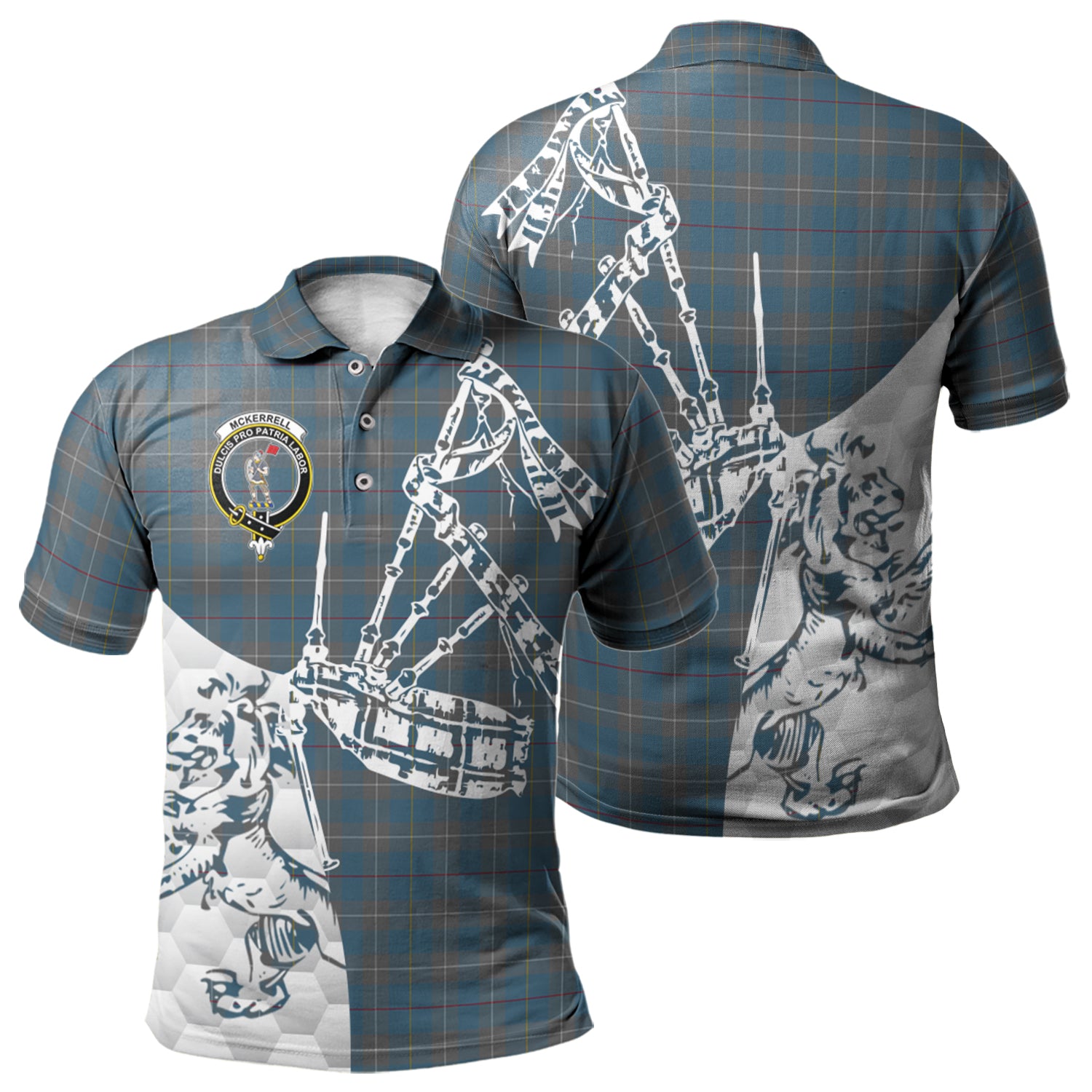 scottish-mckerrell-of-hillhouse-dress-clan-crest-tartan-polo-shirt-lion-and-bagpipes-style