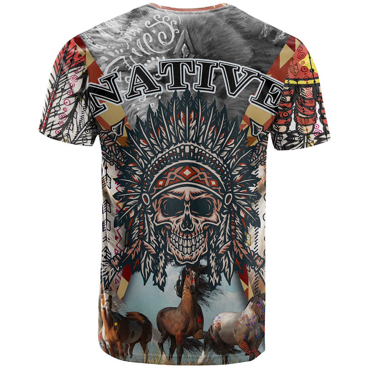 Native American Feather Headdress With Native Horses And Three Wolves In Moonlight African Pattern T Shirt - Wonder Print Shop