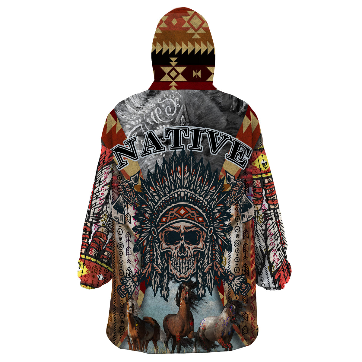 Native American Feather Headdress With Native Horses And Three Wolves In Moonlight African Pattern Wearable Blanket Hoodie - Wonder Print Shop