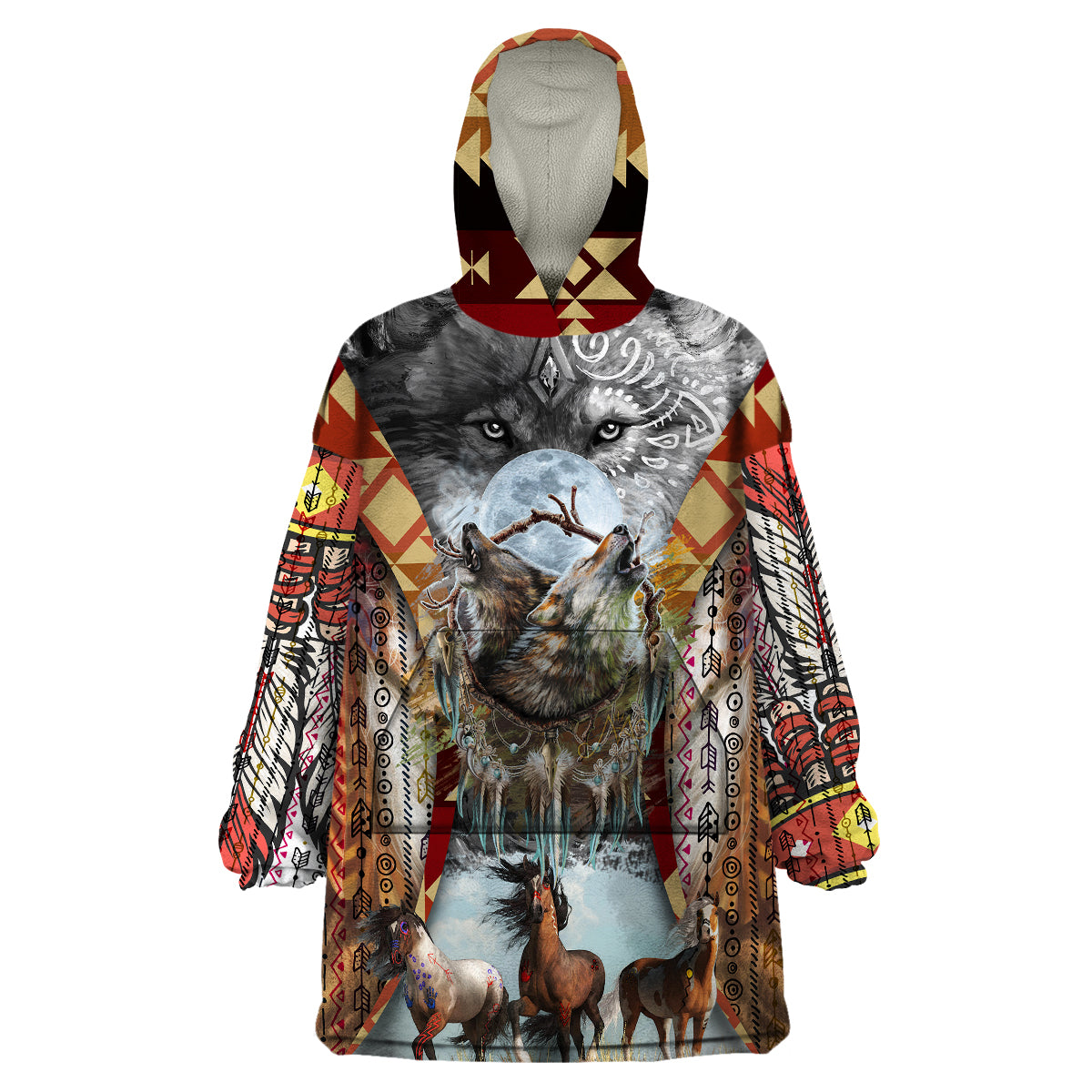 Native American Feather Headdress With Native Horses And Three Wolves In Moonlight African Pattern Wearable Blanket Hoodie - Wonder Print Shop