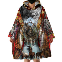 Native American Feather Headdress With Native Horses And Three Wolves In Moonlight African Pattern Wearable Blanket Hoodie - Wonder Print Shop