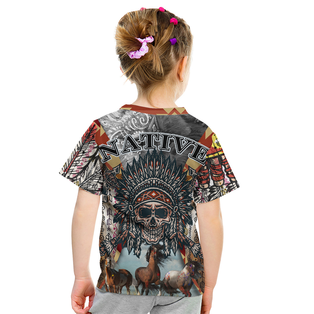 Native American Feather Headdress With Native Horses And Three Wolves In Moonlight African Pattern Kid T Shirt - Wonder Print Shop