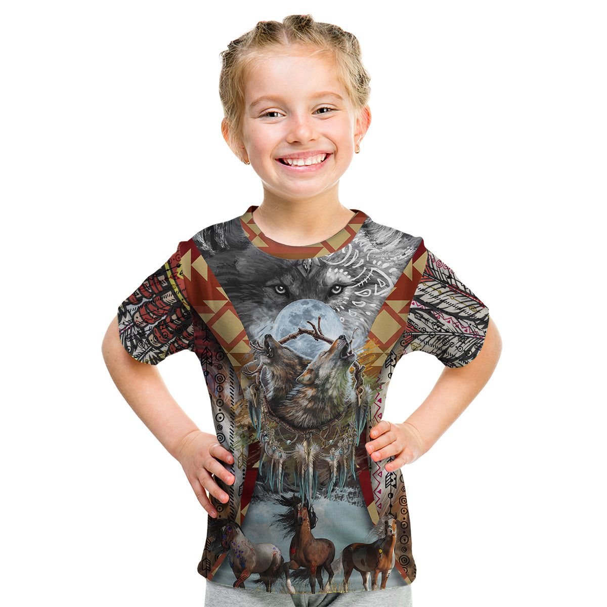 Native American Feather Headdress With Native Horses And Three Wolves In Moonlight African Pattern Kid T Shirt - Wonder Print Shop