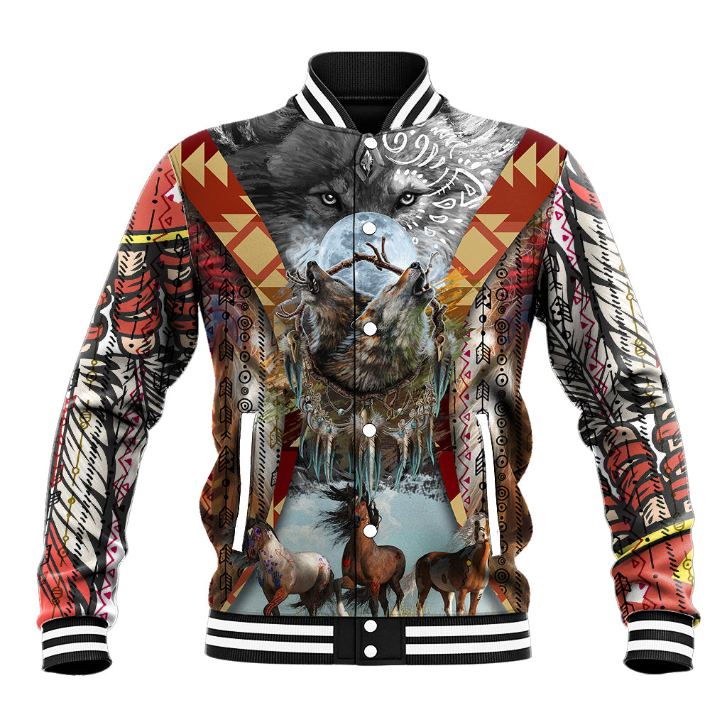 Native American Feather Headdress With Native Horses And Three Wolves In Moonlight African Pattern Baseball Jacket - Wonder Print Shop