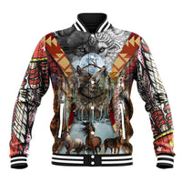 Native American Feather Headdress With Native Horses And Three Wolves In Moonlight African Pattern Baseball Jacket - Wonder Print Shop