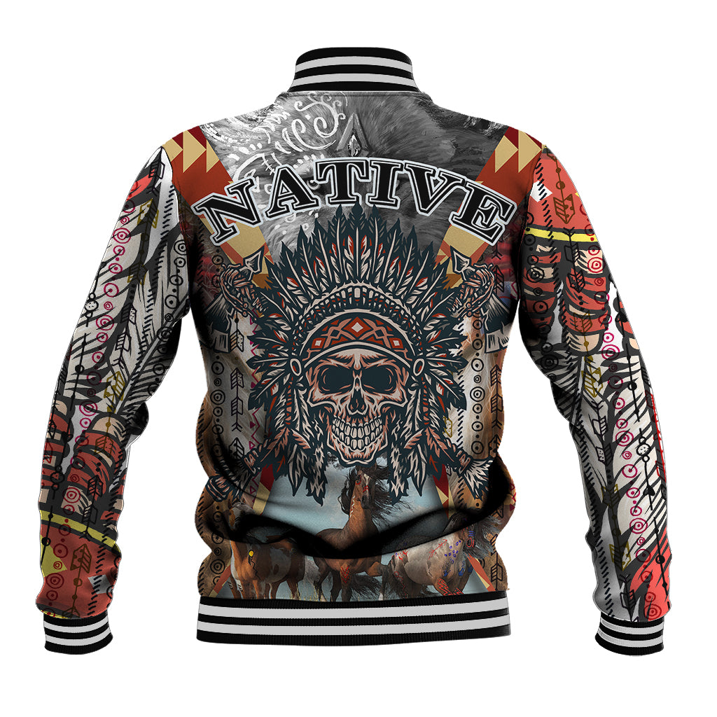 Native American Feather Headdress With Native Horses And Three Wolves In Moonlight African Pattern Baseball Jacket - Wonder Print Shop