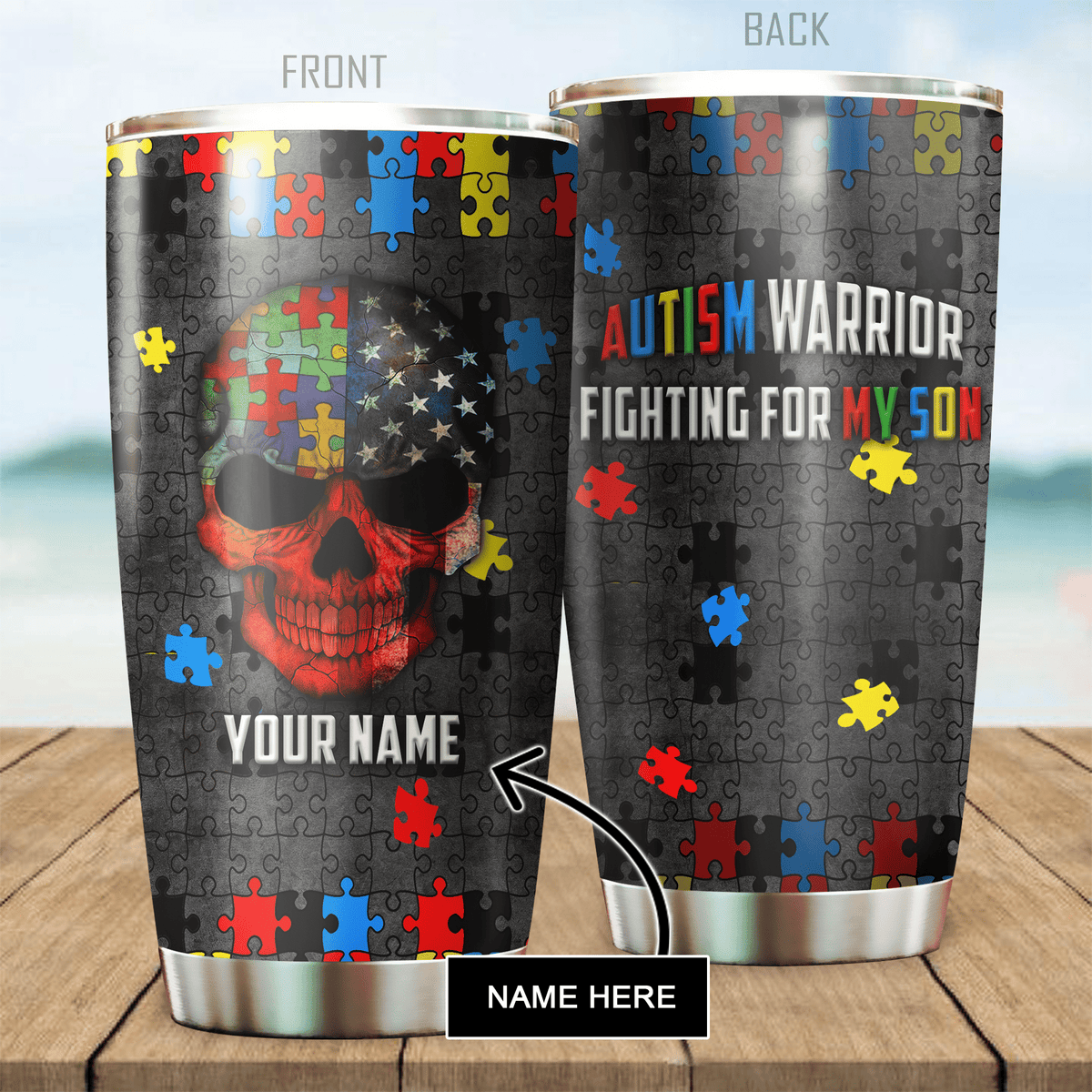 Personalized tumbler set showing front and back text, puzzle pieces, and placeholder name