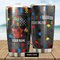 Personalized tumbler set showing front and back text, puzzle pieces, and placeholder name