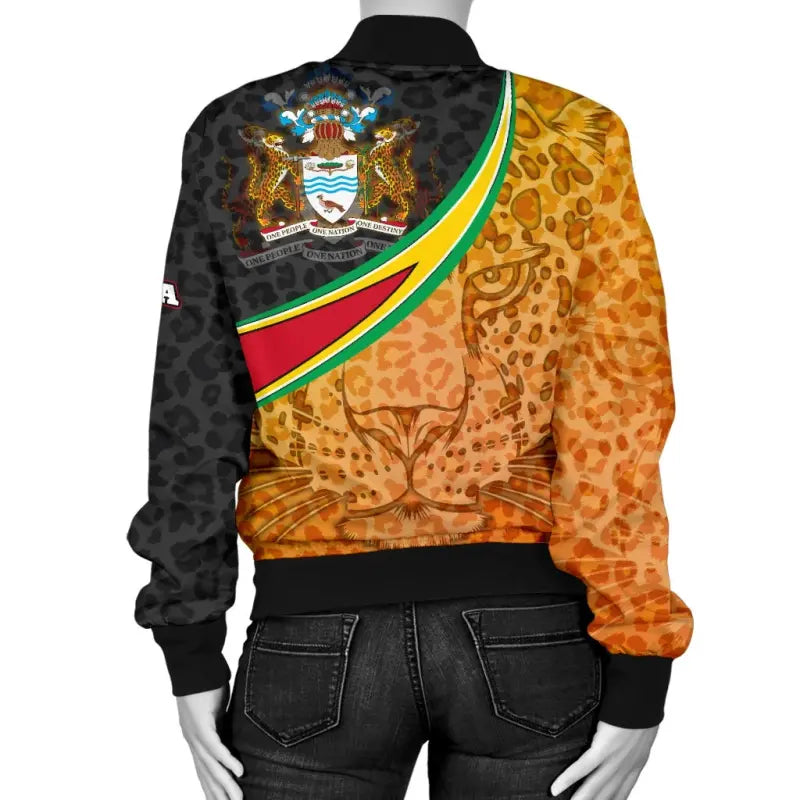 Guyana Womens Bomber Jacket - Guyana Coat of Arms and Jaguar Patterns RLT8 - Wonder Print Shop