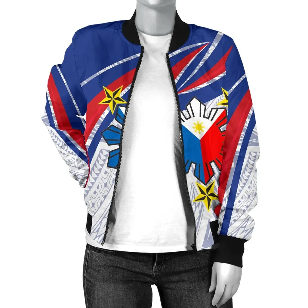 Philippines Women's Bomber Jacket Polynesian Pattern With Flag RLT6 - Wonder Print Shop