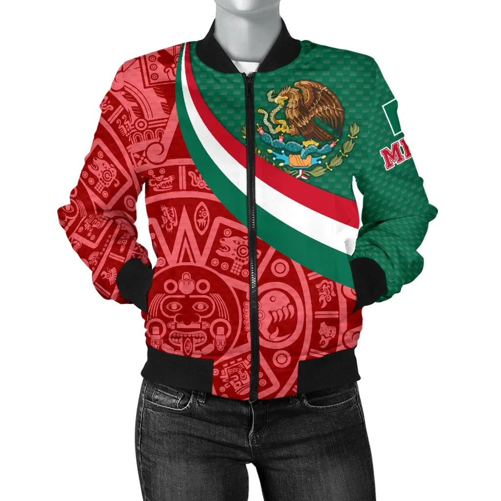 Mexico Women's Bomber Jacket Mexico Coat Of Arms With Aztec Patterns RLT13 - Wonder Print Shop