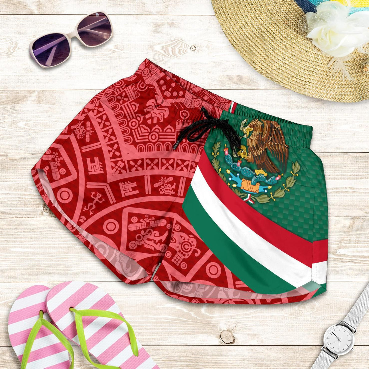 mexico-womens-shorts-mexico-coat-of-arms-with-aztec-patterns