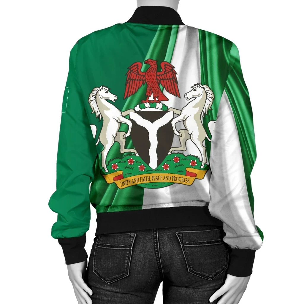 Nigeria Womens Bomber Jacket Nigerian Waving Flag With Coat Of Arms RLT8 - Wonder Print Shop