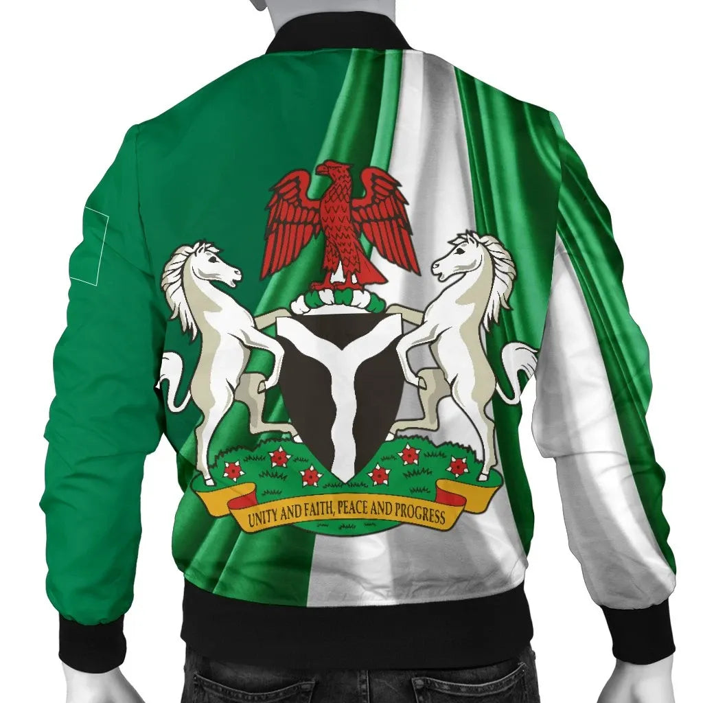 Nigeria Mens Bomber Jacket Nigerian Waving Flag With Coat Of Arms RLT8 - Wonder Print Shop