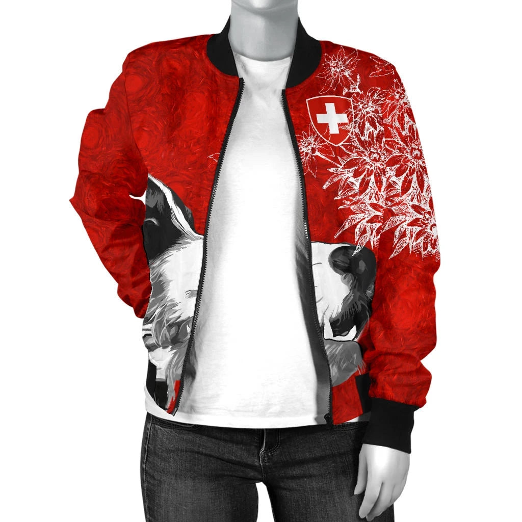 Switzerland Women's Bomber Jacket Bernese Mountain Dog and Edelweiss RLT13 - Wonder Print Shop