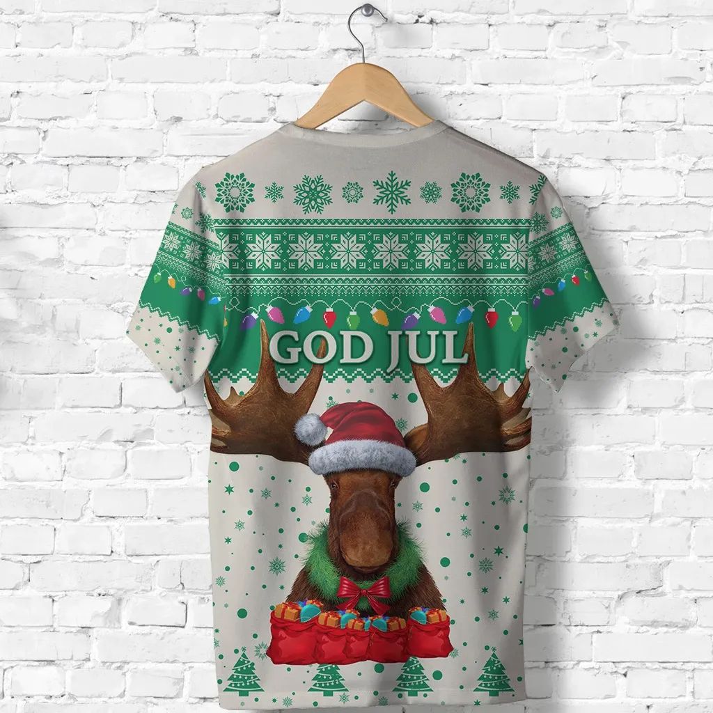 Sweden Christmas T Shirt Moose Beige Green RLT7 - Wonder Print Shop