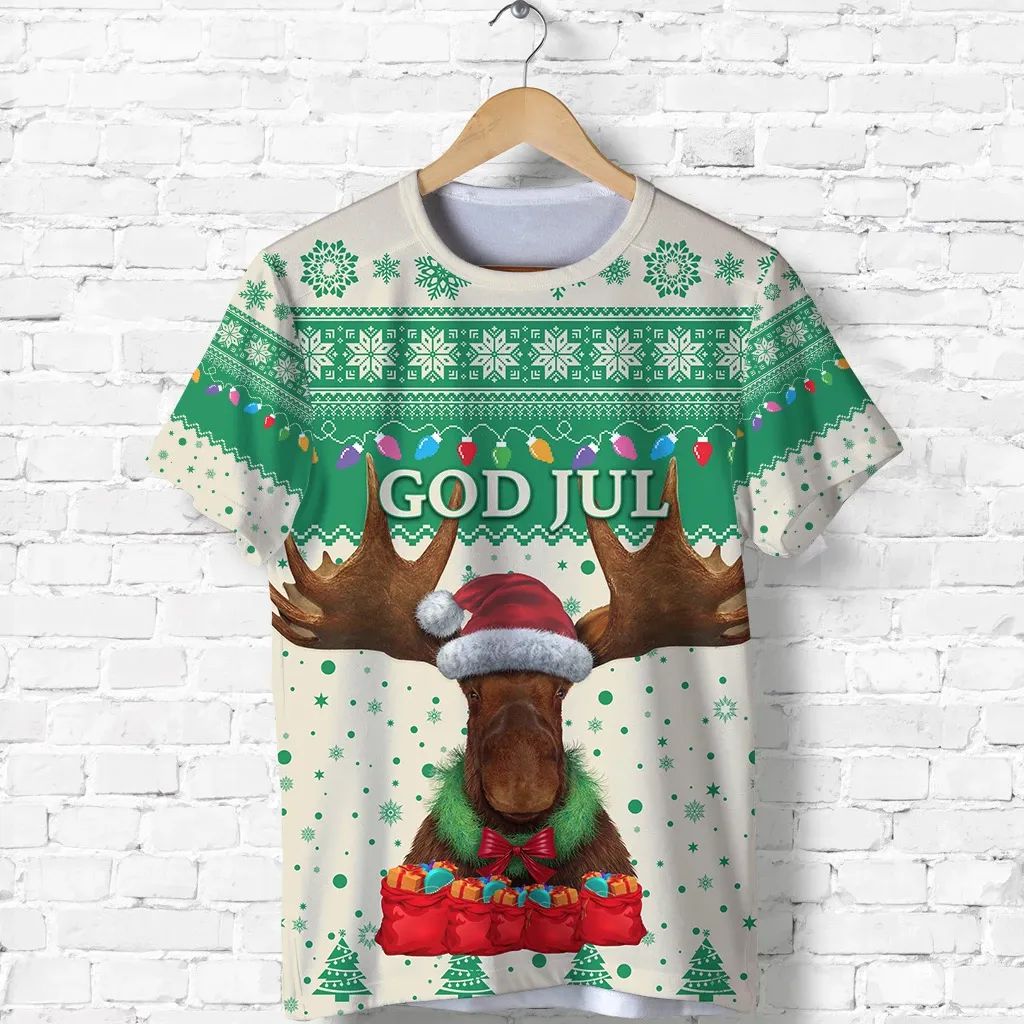 Sweden Christmas T Shirt Moose Beige Green RLT7 - Wonder Print Shop