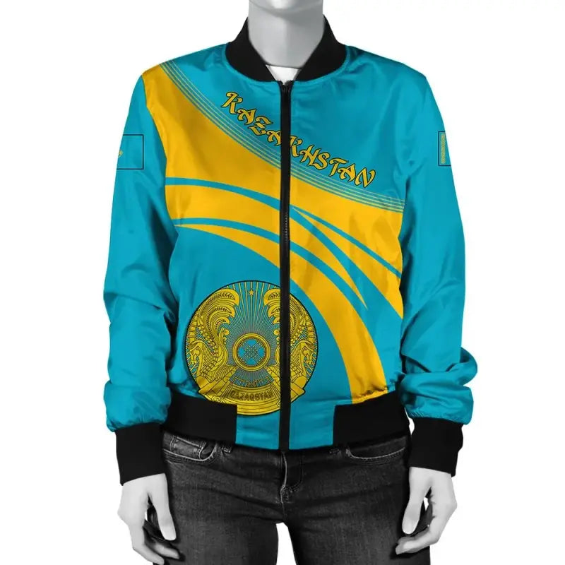 Kazakhstan Coat Of Arms Women Bomber Jacket Sticket RLT8 - Wonder Print Shop