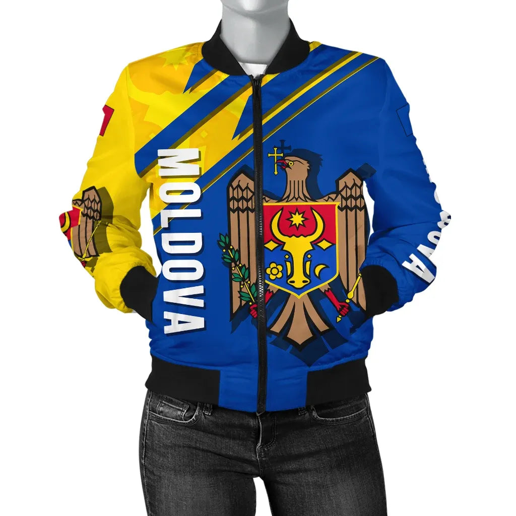 Wonder Print Shop Moldova Women's Bomber Jacket, Flag and Coat Of Arms A22 RLT13 - Wonder Print Shop