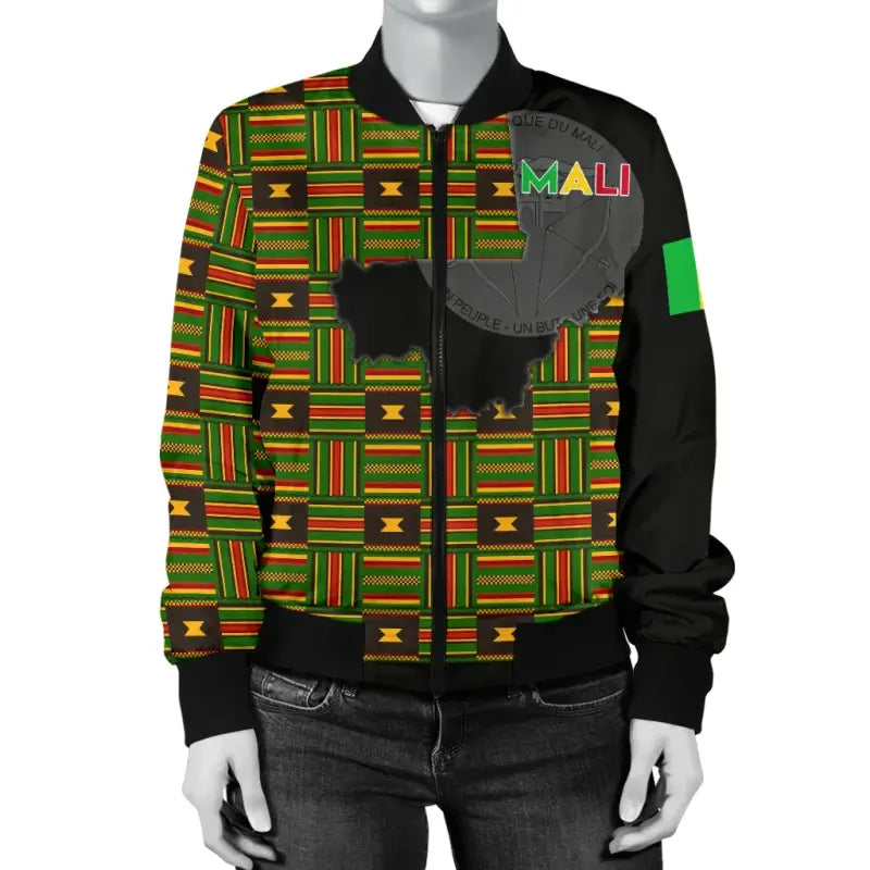 Mali Bomber Jacket, Mali Map Kente Flag Women RLT12 - Wonder Print Shop