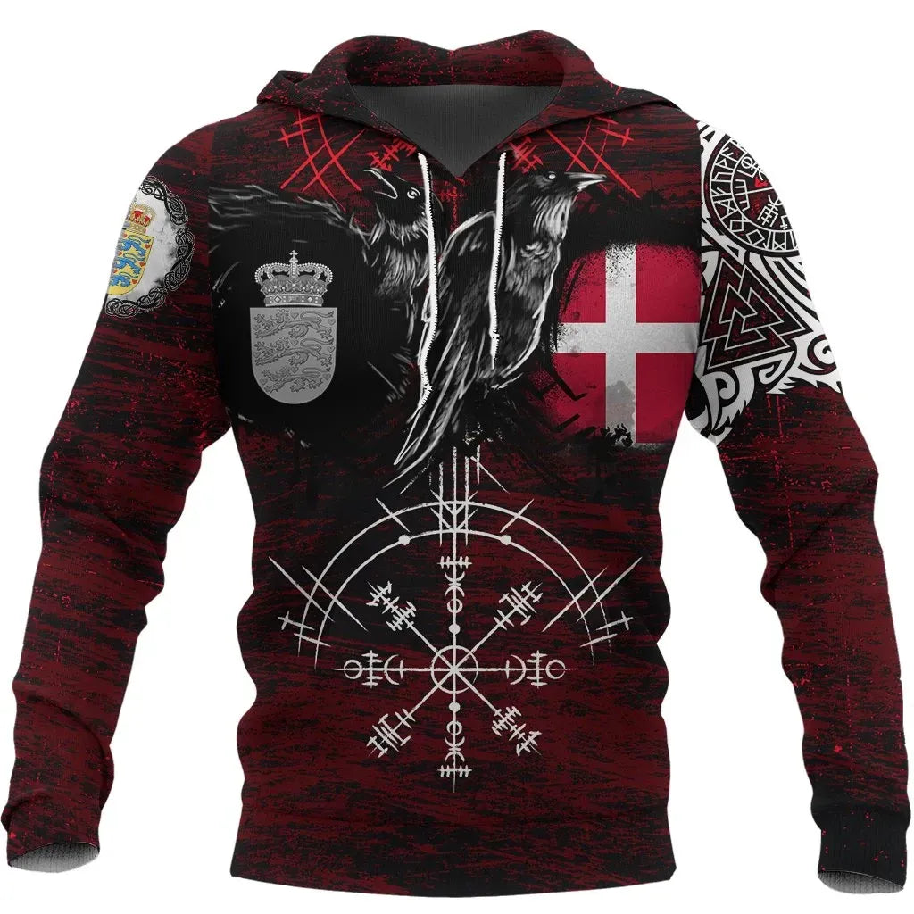 Viking Hoodie Denmark Raven of Odin and Symbol Viking on Blood Background RLT13 - Wonder Print Shop