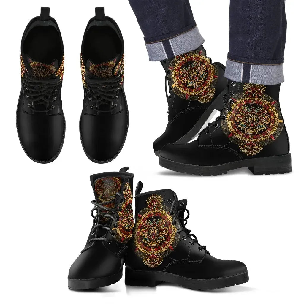 mexico-leather-boots-aztec-sun-stone-tattoo
