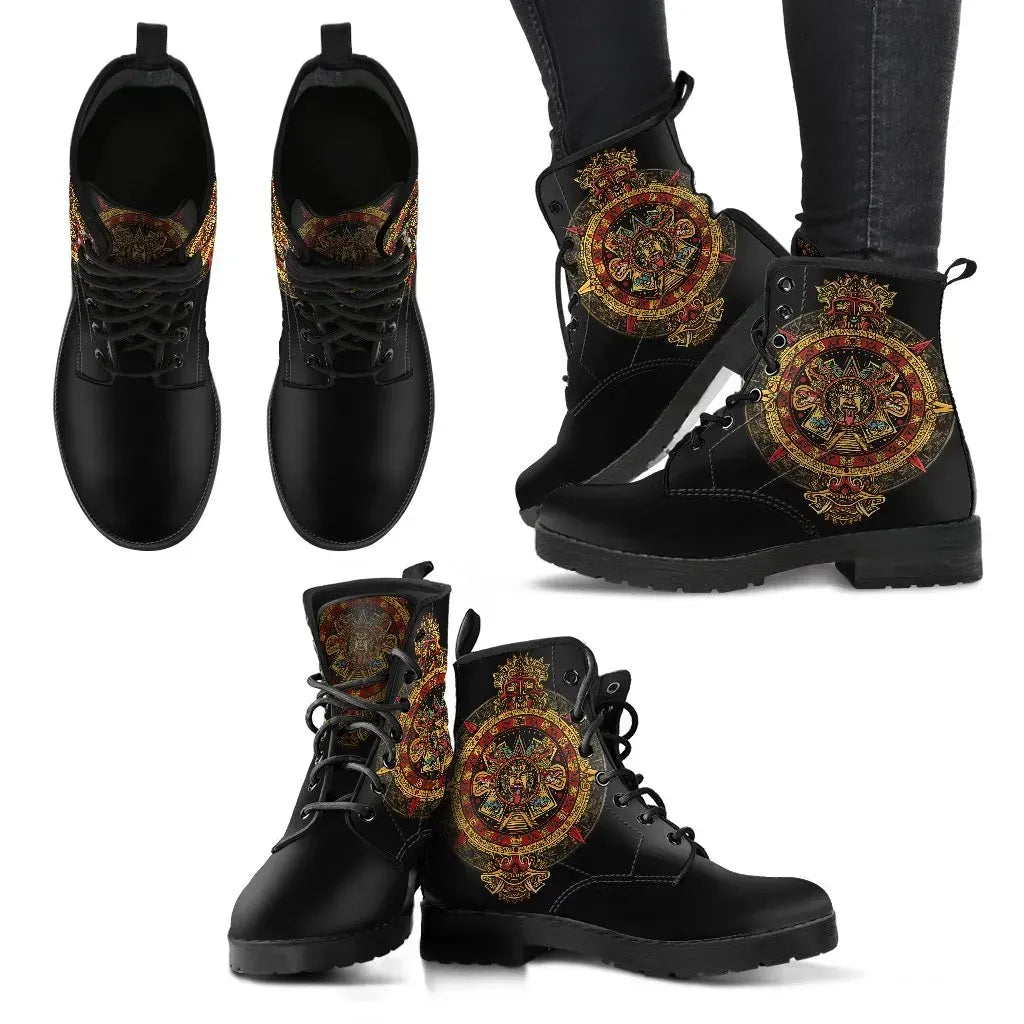 mexico-leather-boots-aztec-sun-stone-tattoo