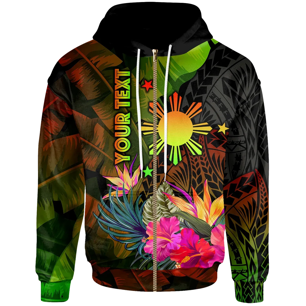 Custom The Philippines Polynesian Zip Up Hoodie Hibiscus and Banana Leaves RLT6 - Wonder Print Shop