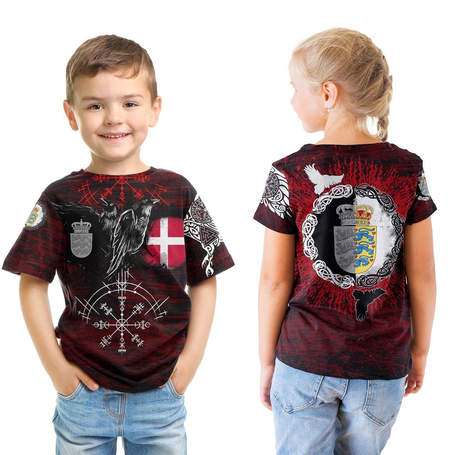 viking-t-shirt-kid-denmark-raven-of-odin-and-symbol-viking-on-blood-background