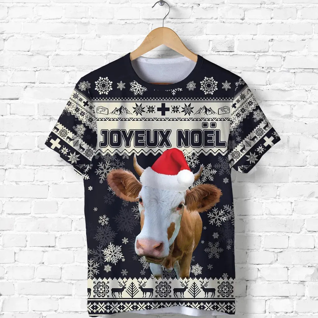 Switzerland Christmas T Shirt Swiss Cow Navy RLT13 - Wonder Print Shop