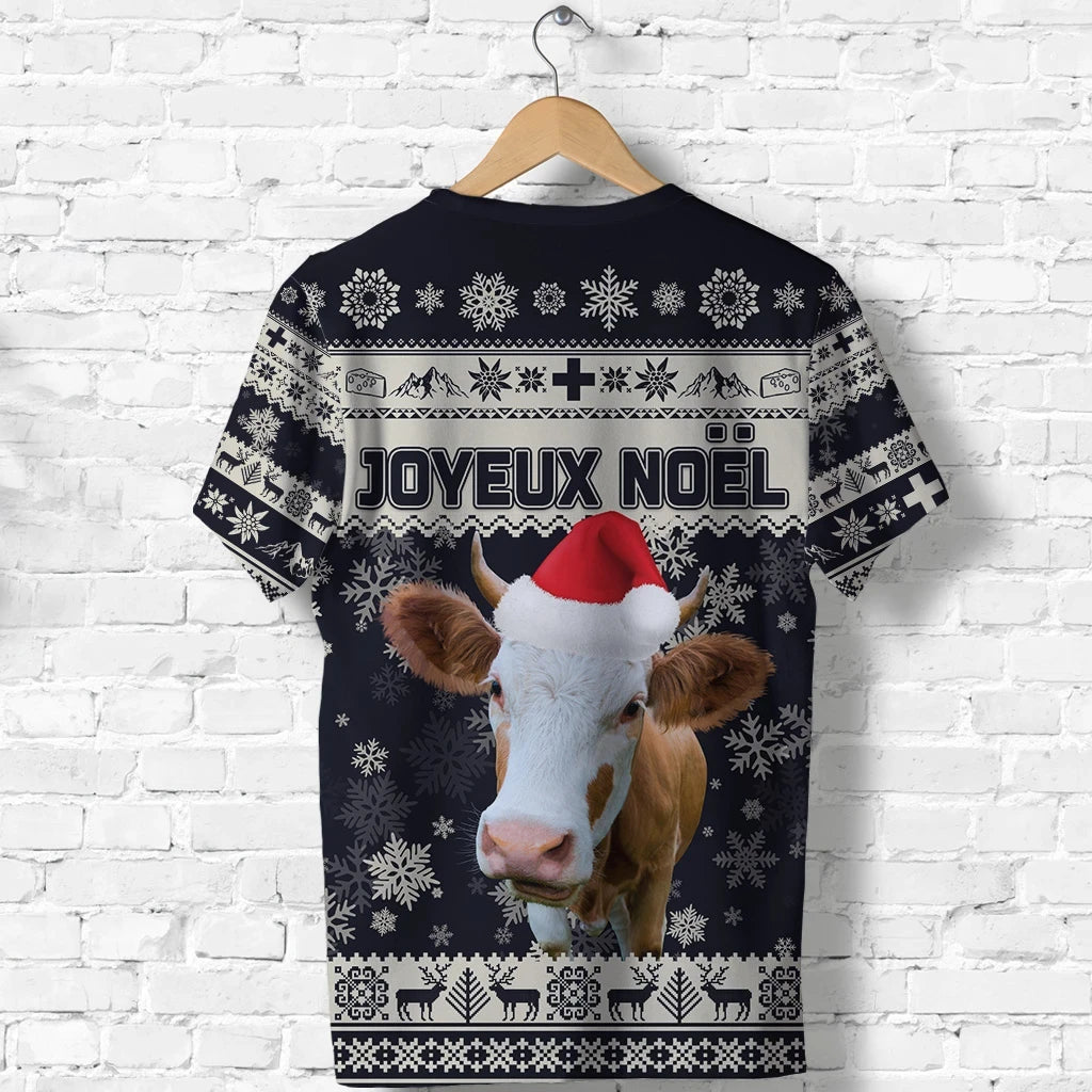 Switzerland Christmas T Shirt Swiss Cow Navy RLT13 - Wonder Print Shop
