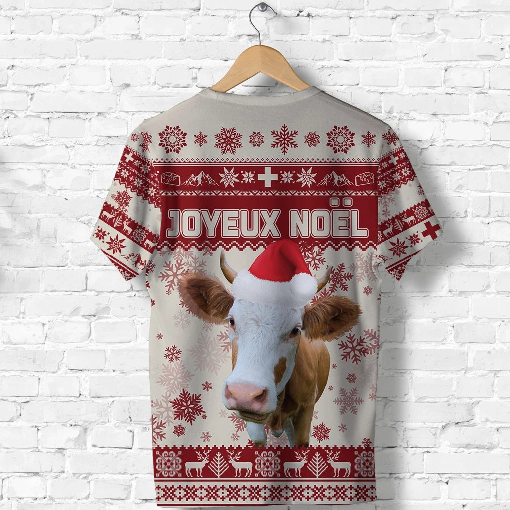 Switzerland Christmas T Shirt Swiss Cow Beige Red RLT13 - Wonder Print Shop