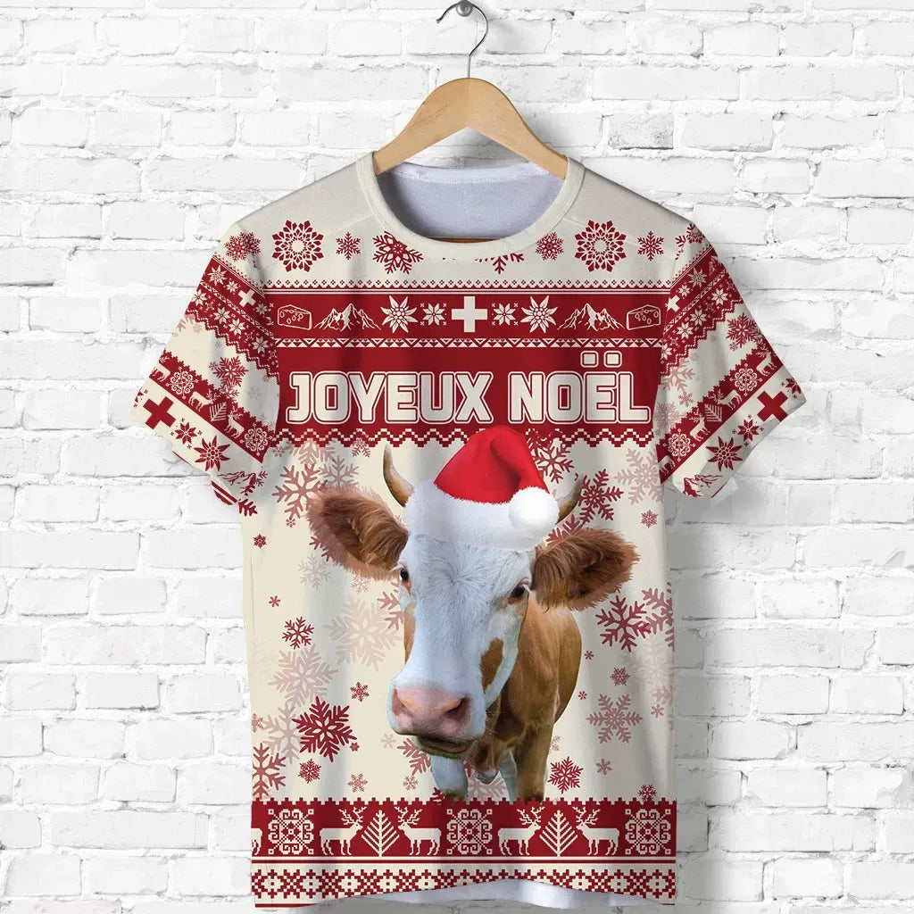 Switzerland Christmas T Shirt Swiss Cow Beige Red RLT13 - Wonder Print Shop