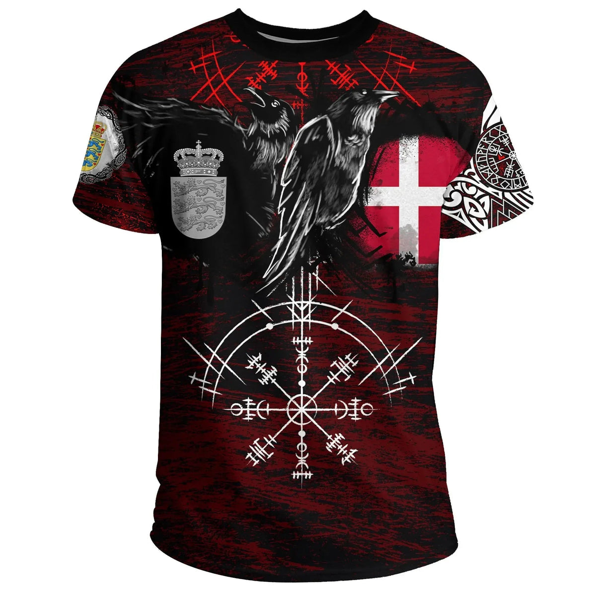 Viking T Shirt Denmark Raven of Odin and Symbol Viking on Blood Background RLT13 - Wonder Print Shop