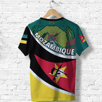 Mozambique T-shirt, black base with rear Mozambique text and flag emblem