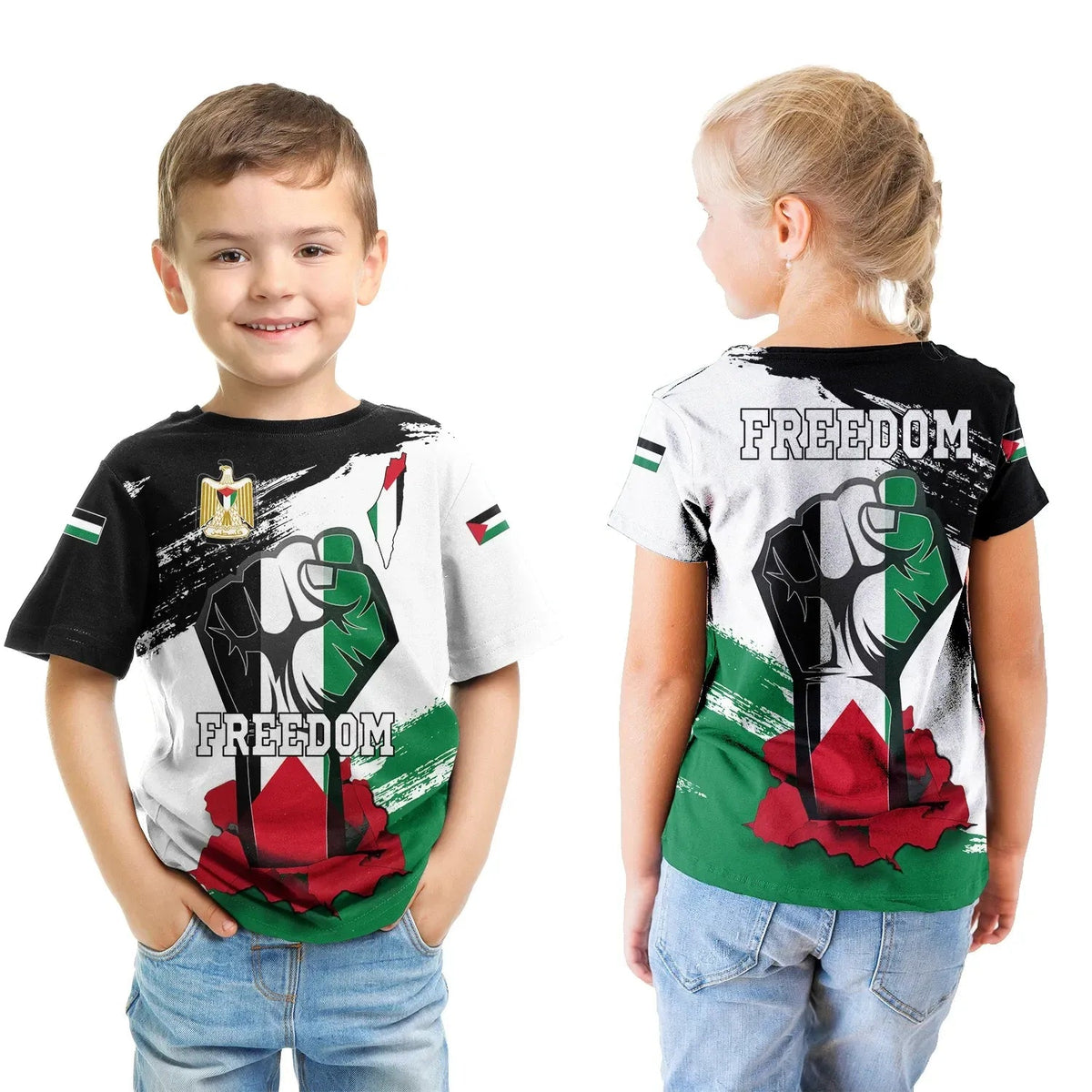 Palestine Freedom T Shirt Kid Flag and Map RLT13 - Wonder Print Shop