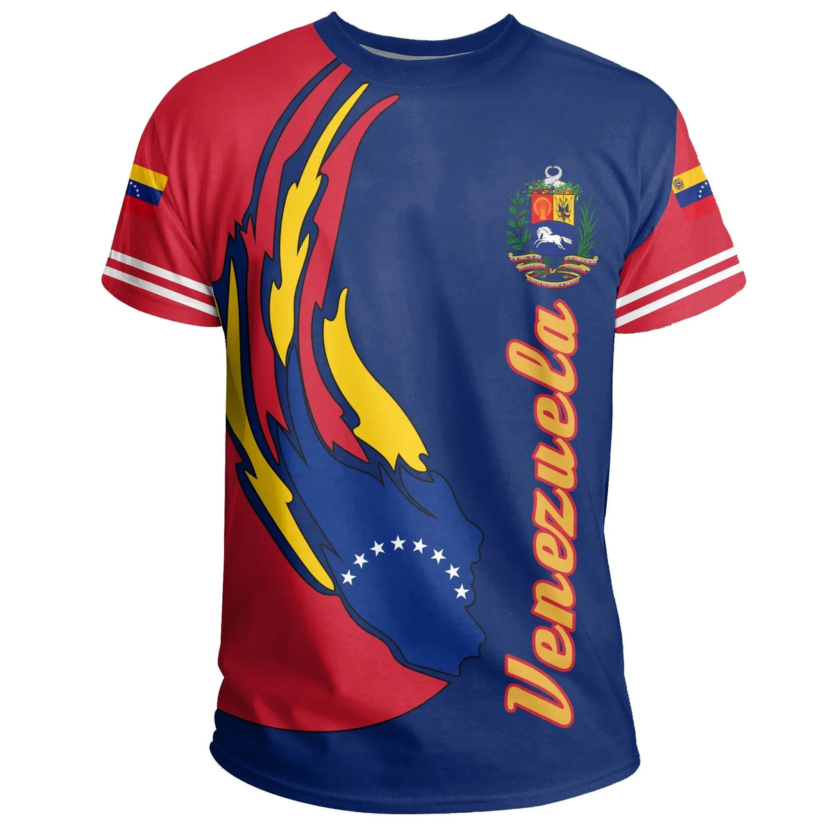 Red and blue Venezuela graphic T-shirt, front with flame design and sleeve stripes