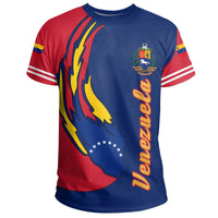 Red and blue Venezuela graphic T-shirt, front with flame design and sleeve stripes