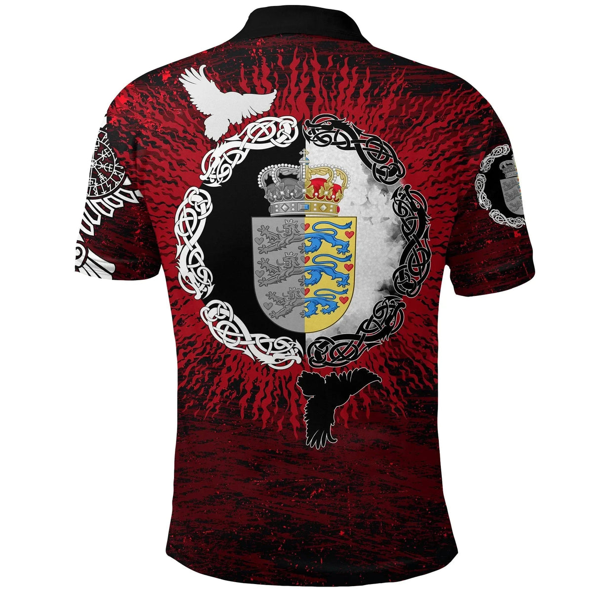 Viking Polo Shirt Denmark Raven of Odin and Symbol Viking on Blood Background RLT13 - Wonder Print Shop