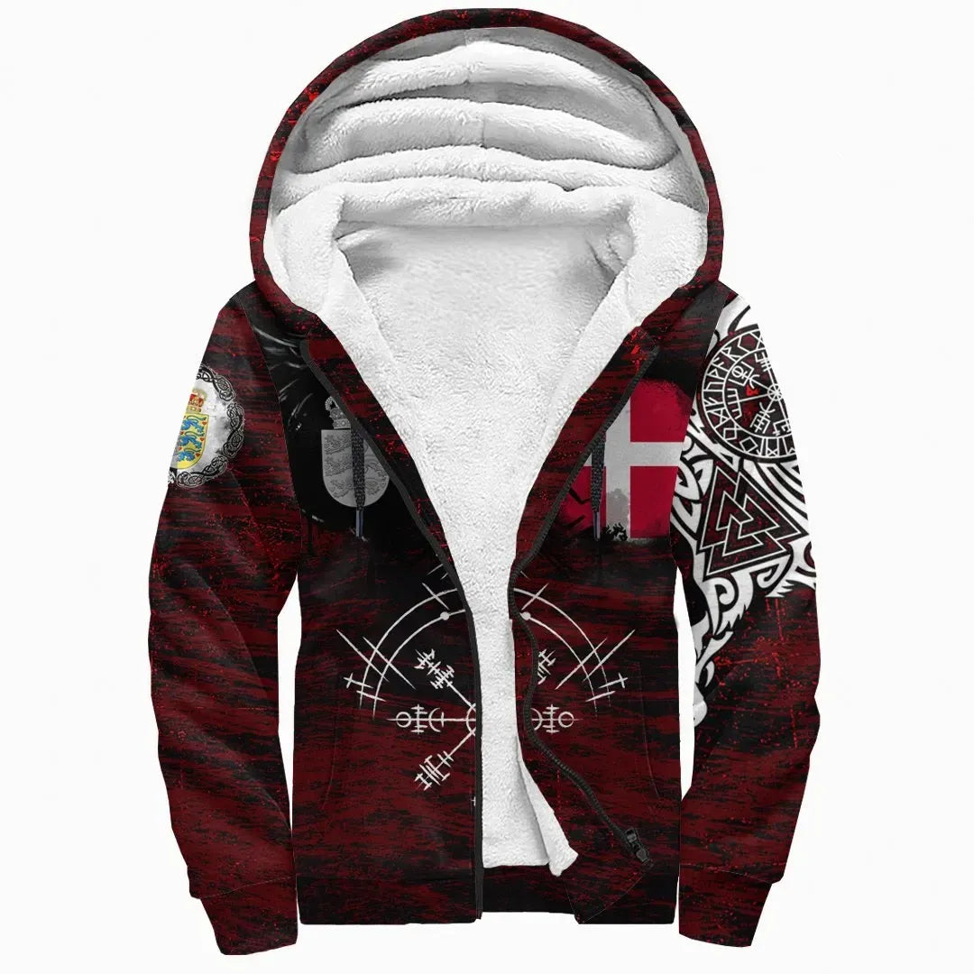 Viking Sherpa Hoodie - Denmark Raven of Odin and Symbol Viking on Blood Background RLT13 - Wonder Print Shop
