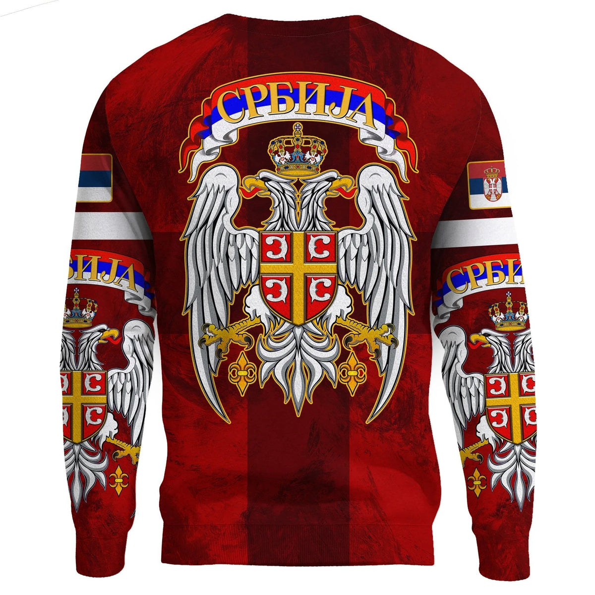 Red crewneck sweatshirt back with large Serbian eagle-and-crown crest, long sleeves